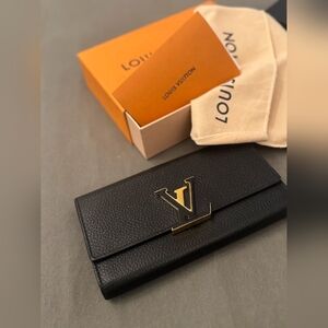 Louis Vuitton Black Grained Leather Long Wallet with Gold LV Clasp
